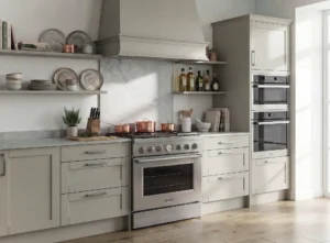 Kitchen renovation in Ireland with fitted cabinets, open shelving, integrated ovens and practical storage for a modern kitchen layout