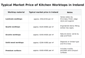 Kitchen worktop price comparison table in Ireland.