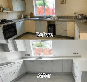Before and after U-shaped shaker kitchen renovation in Dublin