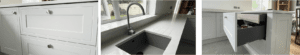 Light grey shaker kitchen details in Dublin with quartz worktop, grey sink and deep drawer storage.
