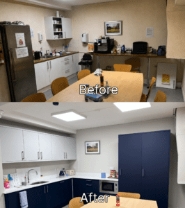 Before and after marine blue and white office kitchen renovation in Dublin