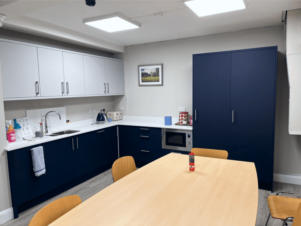 Marine Blue & White Slab Door Kitchen for a Dublin Office