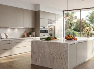 Modern handleless kitchen with island and marble worktop in Ireland