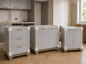 Pre-assembled kitchen cabinets ready for installation in Dublin, Ireland