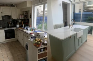 Before and after sage green and white shaker kitchen renovation in Dublin
