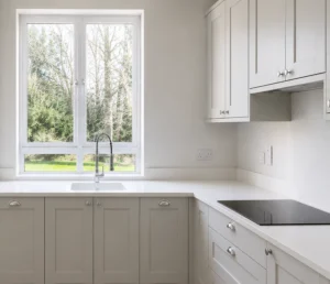 White shaker kitchen sink and hob area in Dublin with snow white worktops and chrome handles.