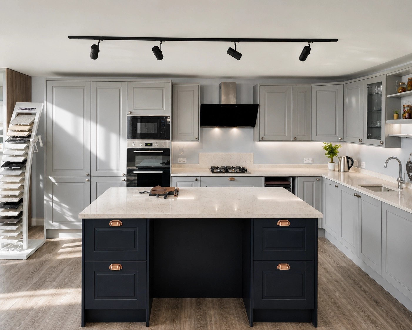 Kitchens4U Dublin showroom with grey shaker kitchen displays