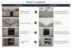 What changed in a U-shaped shaker kitchen renovation in Dublin with fitted storage and quartz worktops.
