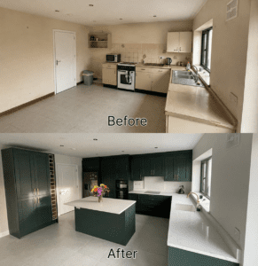 Before and after forest green Shaker kitchen renovation in Killiney, Dublin