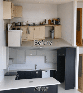 Before and after kitchen renovation in Lucan, Dublin showing an outdated cream kitchen transformed into an indigo and grey Shaker U-shaped kitchen with peninsula