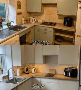 Before and after of a Dublin kitchen renovation with linen slab cabinets and oak effect worktops