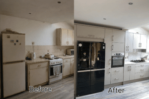 Before and after tall storage wall in a modern Portmarnock Dublin kitchen renovation