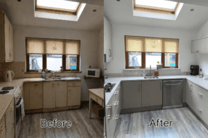Before and after modern taupe U-shaped fitted kitchen renovation in Portmarnock, Dublin