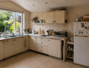 Dated cream kitchen before renovation in Malahide, Dublin, with worn cabinets, tiled splashback, garden window and freestanding fridge.