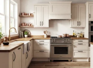 Dylan linen painted shaker kitchen doors in a bright Dublin kitchen with wooden worktops