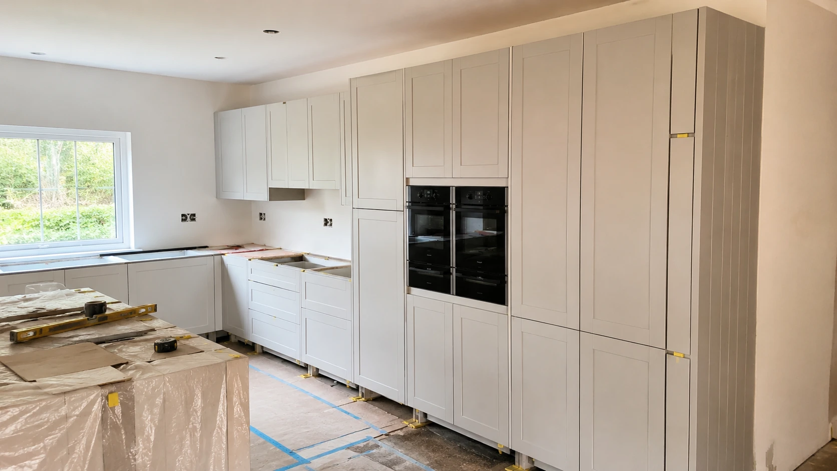 Fitted kitchen installation in Ireland with tall cabinets