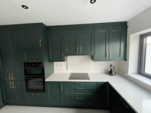 Integrated appliance wall in a forest green Shaker kitchen in Killiney Dublin