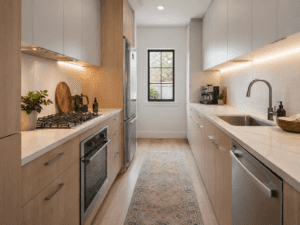 Galley kitchen layout in Dublin home with double runs of cabinetry, white upper cabinets, wood base units, quartz worktops and a window at the end