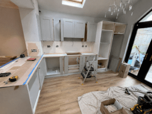 Grey shaker kitchen installation in progress in Rathmines, Dublin.