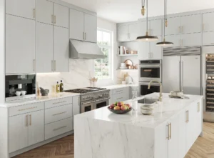 Hyde light grey painted timber kitchen doors in a modern Dublin kitchen with marble island
