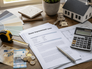 Home improvement loan documents with euros, calculator and house model for an Irish kitchen renovation budget