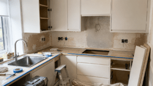 Dublin kitchen installation in progress with linen slab cabinets and worktop