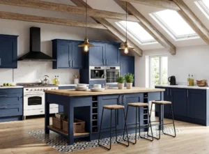 Marine blue kitchen renovation with island, wooden worktop, exposed ceiling beams, skylights and pendant lighting