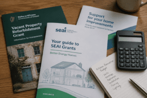 Irish home improvement grant brochures with calculator and kitchen renovation budget notes