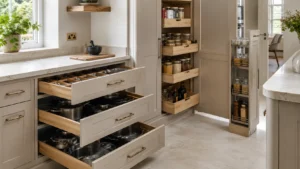 Kitchen storage planning with drawers and larder units