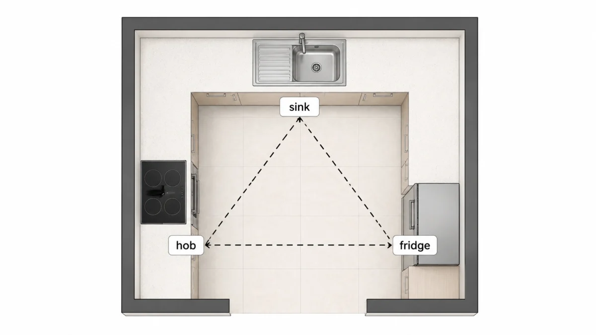 Kitchen work triangle diagram with sink hob and fridge
