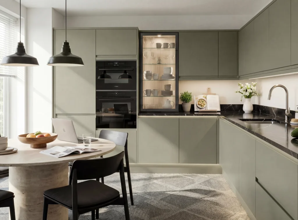 L-shaped kitchen layout in Dublin home with reed green cabinets, built-in ovens, glass display cabinet, black worktops and dining area
