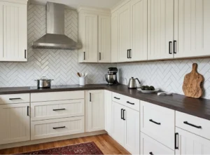 L-shaped kitchen renovation in Dublin with cream shaker cabinets, dark worktops, herringbone tile backsplash and black handles