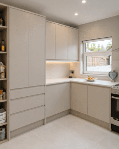 Left side of a cashmere handleless kitchen with tall storage drawers open shelving and light quartz worktop