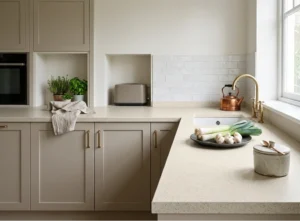 Light laminate kitchen worktop with Belfast sink and brass tap in an Irish home