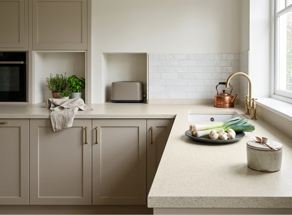 Light laminate kitchen worktop with Belfast sink and brass tap in an Irish home