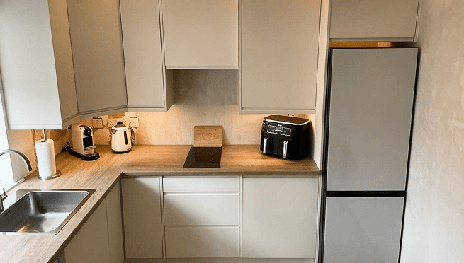 Compact Linen Slab Kitchen Renovation in Dublin