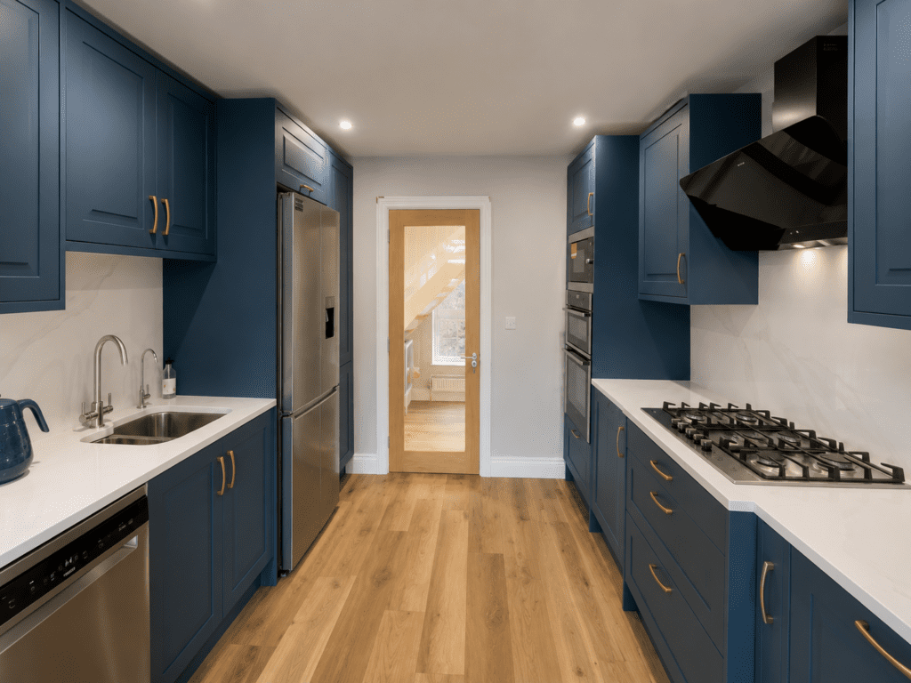 Marine Blue Galley Kitchen Renovation in Glasnevin, Dublin