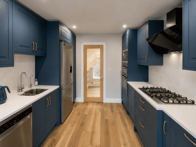Marine Blue Galley Kitchen Renovation in Glasnevin, Dublin