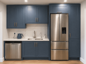 Sink and refrigeration side of Marine Blue galley kitchen