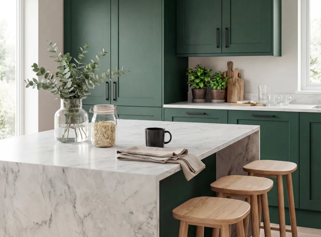 Matt smooth evergreen kitchen cabinets with marble island in a bright Dublin home