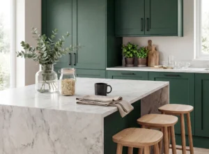 Matt smooth evergreen kitchen cabinets with marble island in a bright Dublin home