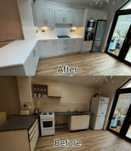 Before and after grey shaker kitchen renovation in Rathmines, Dublin.