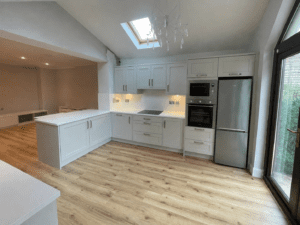 Modern grey shaker open-plan kitchen in Rathmines, Dublin.