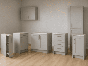 Modular fitted kitchen units in light grey for a Dublin home