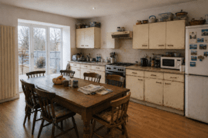 Dated cream kitchen before renovation with central wooden dining table in Clontarf, Dublin