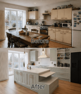 Before and after Sage green Shaker kitchen renovation with island in Clontarf, Dublin