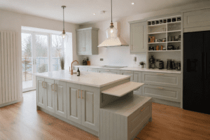 Sage green Shaker kitchen with island and open shelving in Clontarf, Dublin