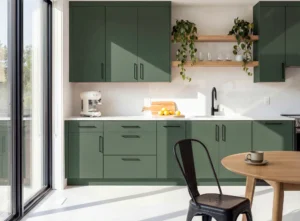 Single-wall kitchen layout in Dublin home with heritage green cabinets, open wooden shelves, white worktops and dining area