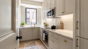 Small kitchen renovation in Dublin with fitted storage