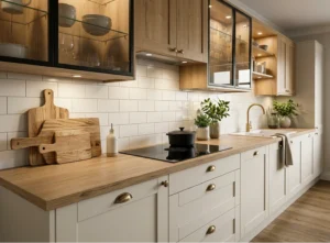 Small kitchen renovation in Dublin with white shaker cabinets, oak worktops, subway tile backsplash and a space-saving galley layout